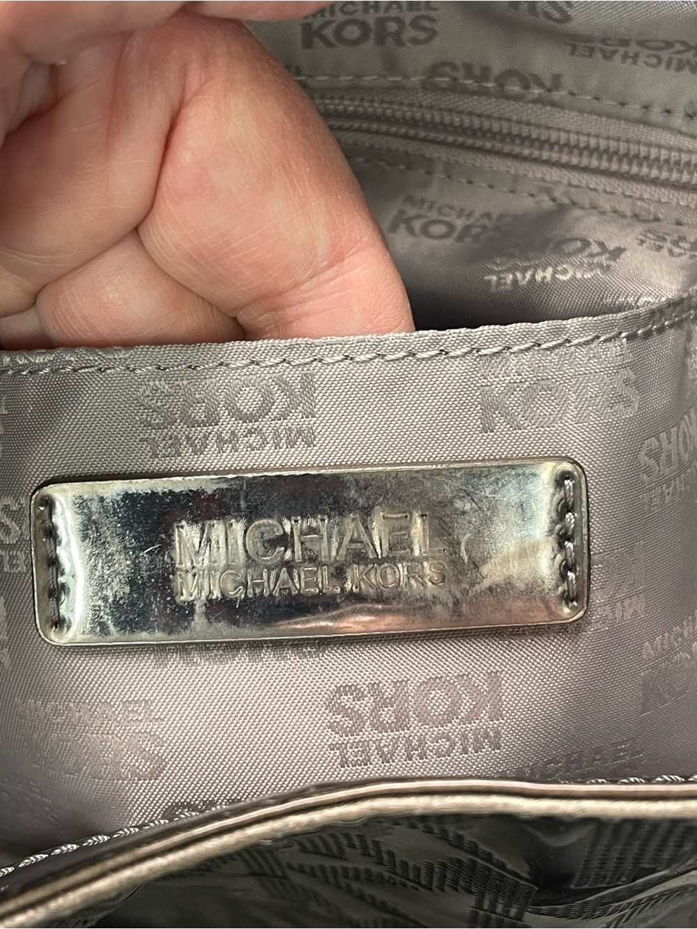 Michael Kors Metallic MK Logo Patent Tote Shoulder Bag Silver Bronze Glam - Picture 2 of 6